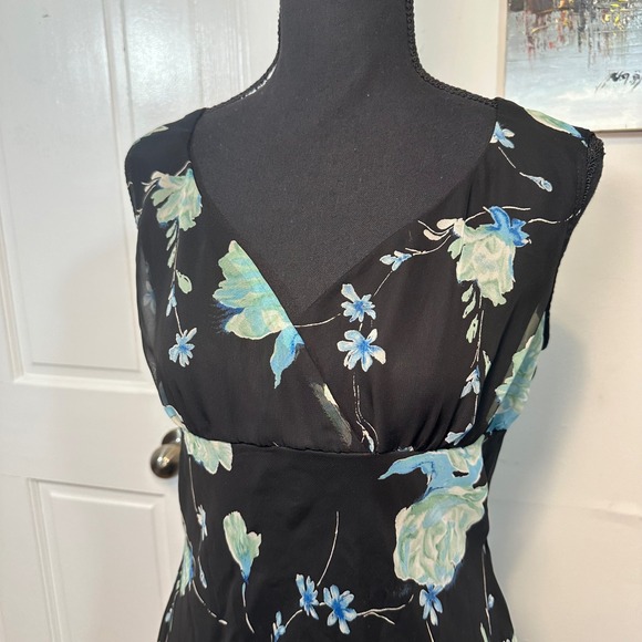 Vintage Floral V-Neck Midi Dress Black Blue Ruffle Hem Sleeveless Made in USA - Picture 7 of 8